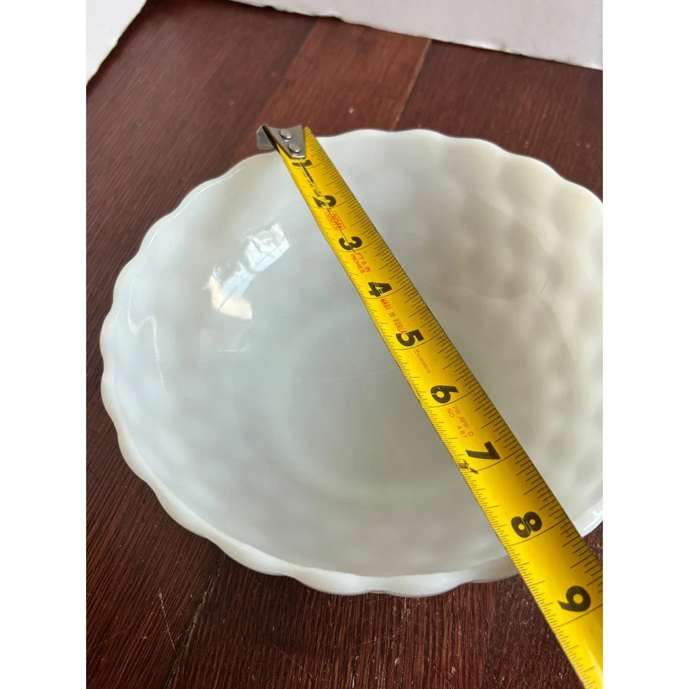 Vintage White Milk Glass Hobnail Scalloped Serving Bowl 8.25 Inch Mid Century